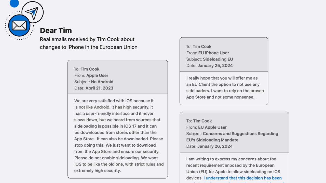 Grafika se třemi e-mailovými úryvky adresovanými Timu Cookovi o změnách EU pro iPhone, s obavami z vedlejšího načítání iOS.