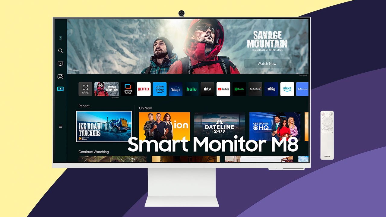 Monitor Samsung M8 zobrazující aplikace streamovacích služeb a video dvou horolezců spolu s dálkovým ovládáním.  Text zní 'Smart Monitor M8'.