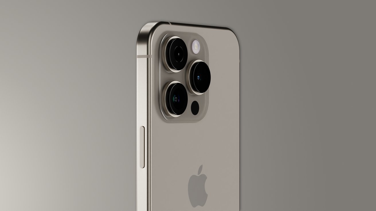 Vykreslený iPhone 16 Pro s hnědě zbarvenou zadní stranou a velkým hrbolem fotoaparátu