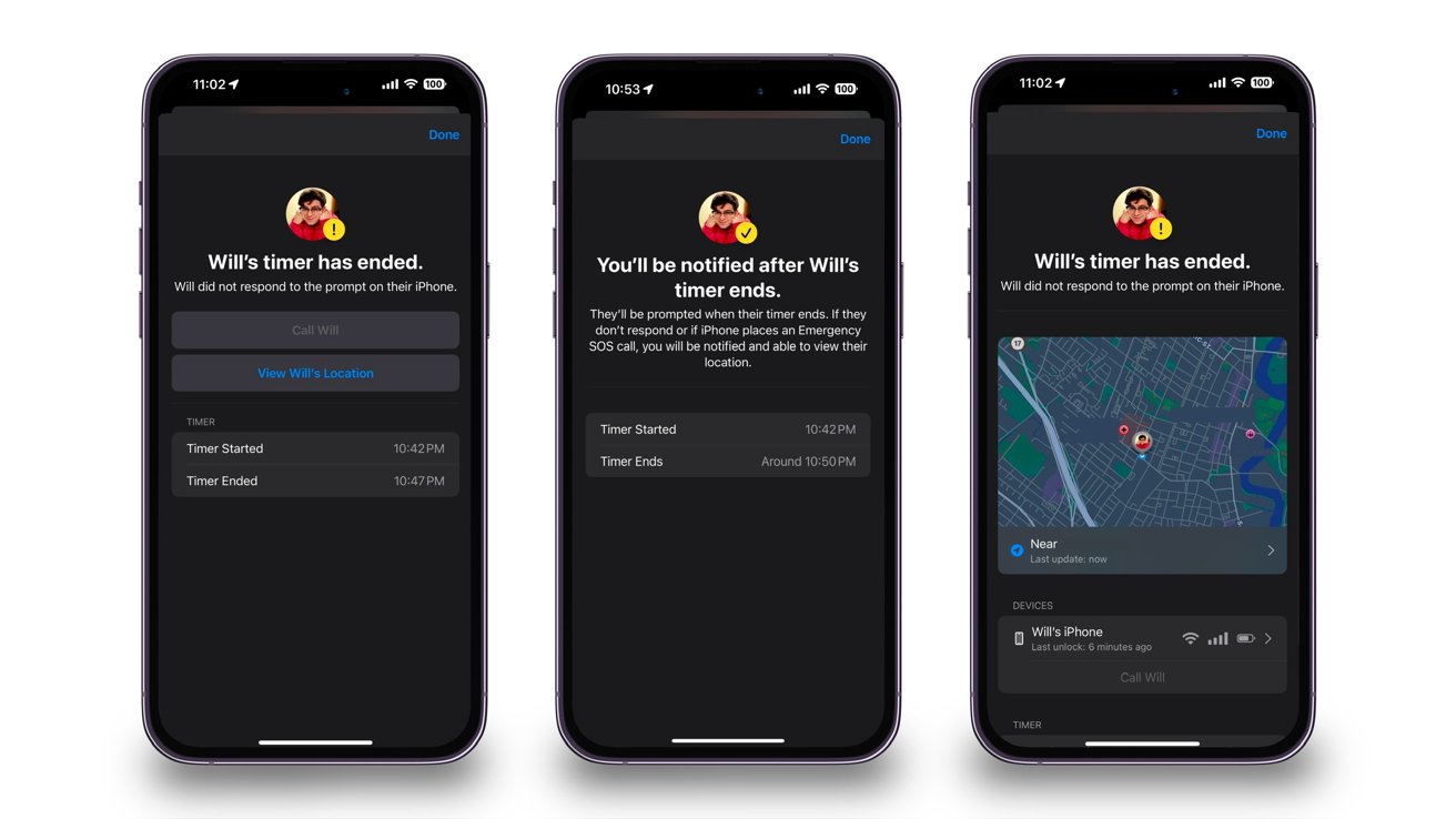 Tři chytré telefony zobrazující bezpečnostní aplikaci s upozorněním na konec Willova časovače a možností zavolat nebo najít Willa na mapě.