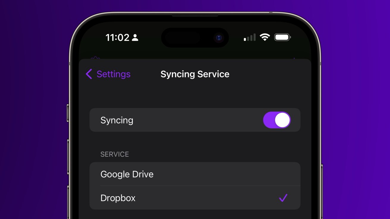 Nabídka pro Delta Sync zobrazující Dropbox a Disk Google jako možnosti