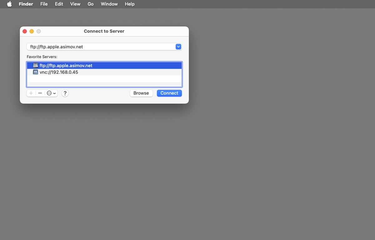 Dialogové okno Připojit k serveru aplikace macOS Finder.