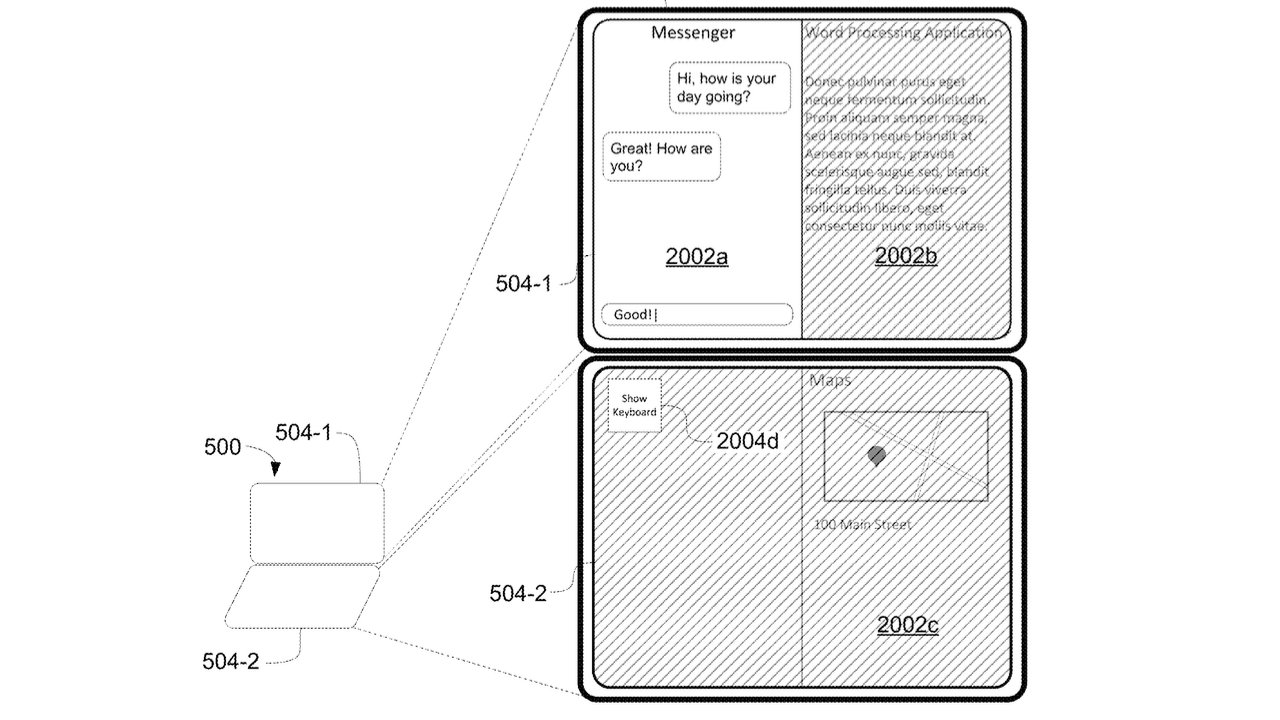 Schéma skládacího elektronického zařízení zobrazující aplikaci messenger a navigační aplikaci map.