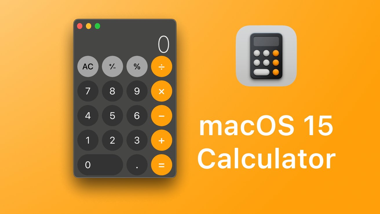 Ilustrace rozhraní aplikace Kalkulačka macOS 15 na oranžovém pozadí s menší ikonou aplikace vpravo.