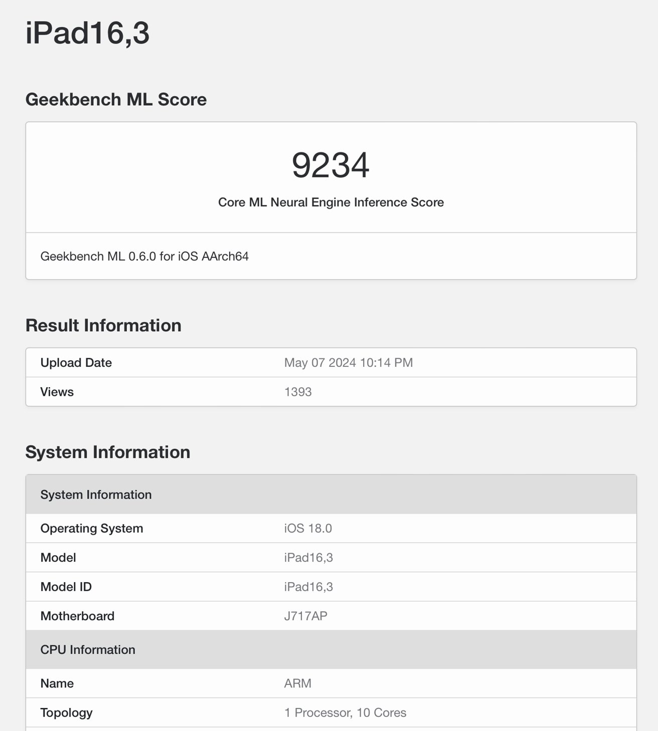 Snímek obrazovky zobrazující skóre Geekbench ML pro iPad16,3 se skóre 9234, datem nahrání a podrobnostmi o systému včetně iOS 18.0 a informací o CPU.