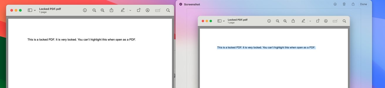 Uzamčené PDF s otevřeným a zvýrazněným textem na snímku obrazovky PDF.  Pozadí macOS Sonoma je za oběma okny.