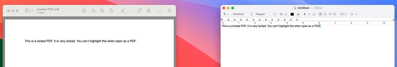 Uzamčený soubor PDF s textem vloženým do okna TextEdit.  Obě okna jsou v horní části pozadí macOS Sonoma.