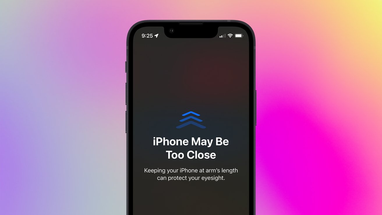 Smartphone zobrazující zprávu o udržování telefonu na délku paže, aby byl chráněn zrak, s barevným přechodem na pozadí.