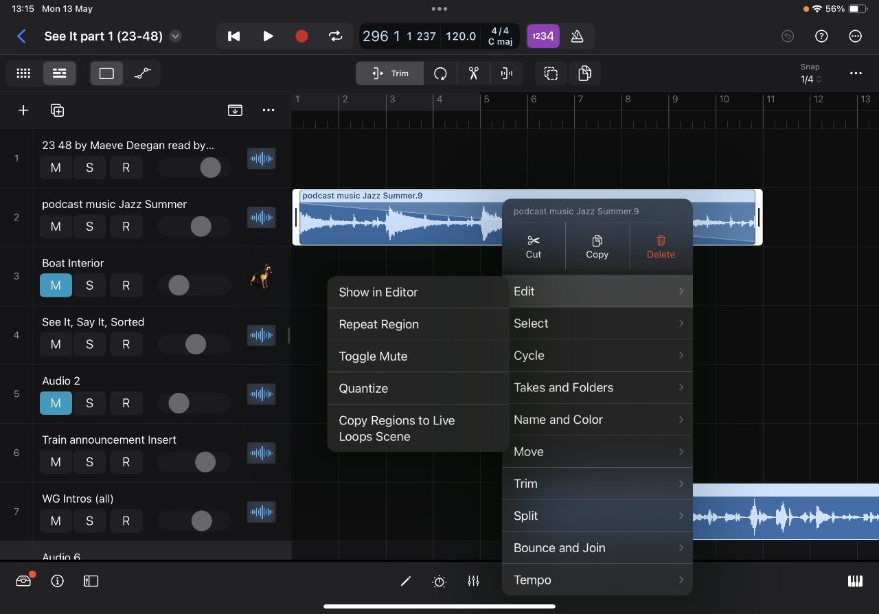 Úprava zvukové stopy v Logic Pro pro iPad