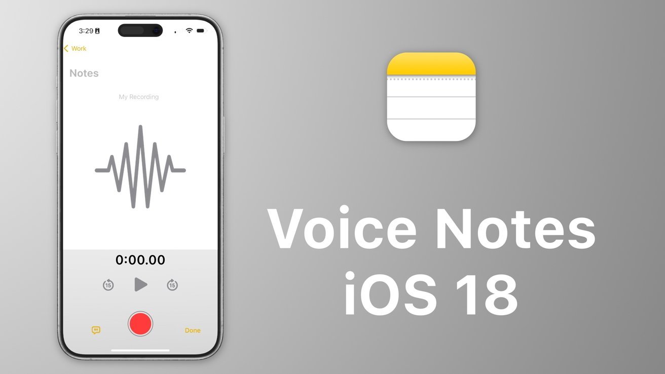 Obrazovka iPhone s funkcí nahrávání hlasových poznámek a textem „Voice Notes iOS 18“ na šedém pozadí.