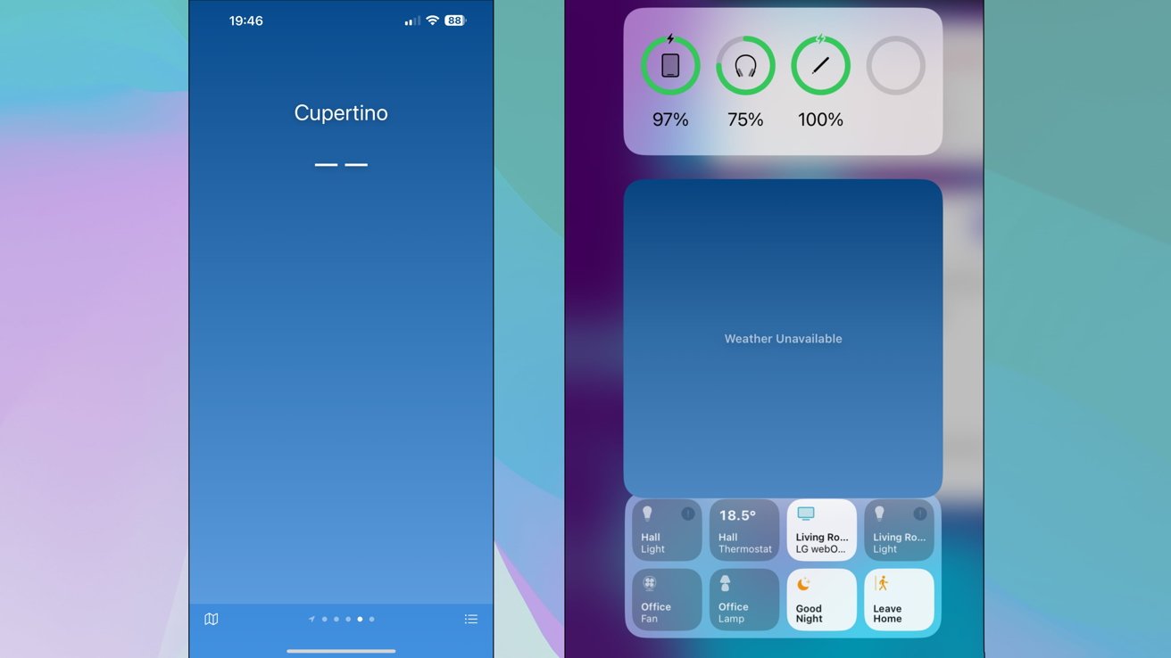 Obrazovka počasí Cupertino zobrazující pomlčky pro teplotu, ikony stavu baterie na 97 %, 75 % a 100 % a tlačítka ovládání domácnosti pro světla, termostat, ventilátor, lampu a další zařízení.