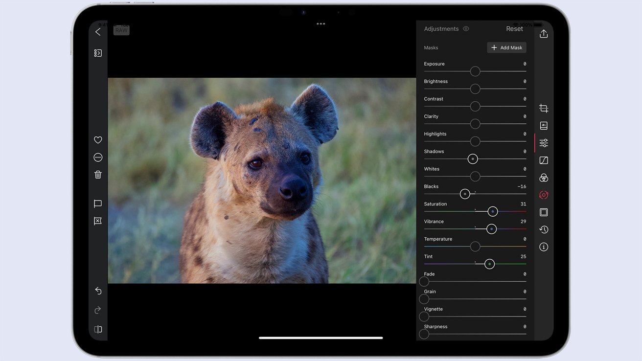 Na obrazovce ipadu se zobrazuje fotografie hyeny s různými posuvníky pro úpravy viditelnými na pravé straně.