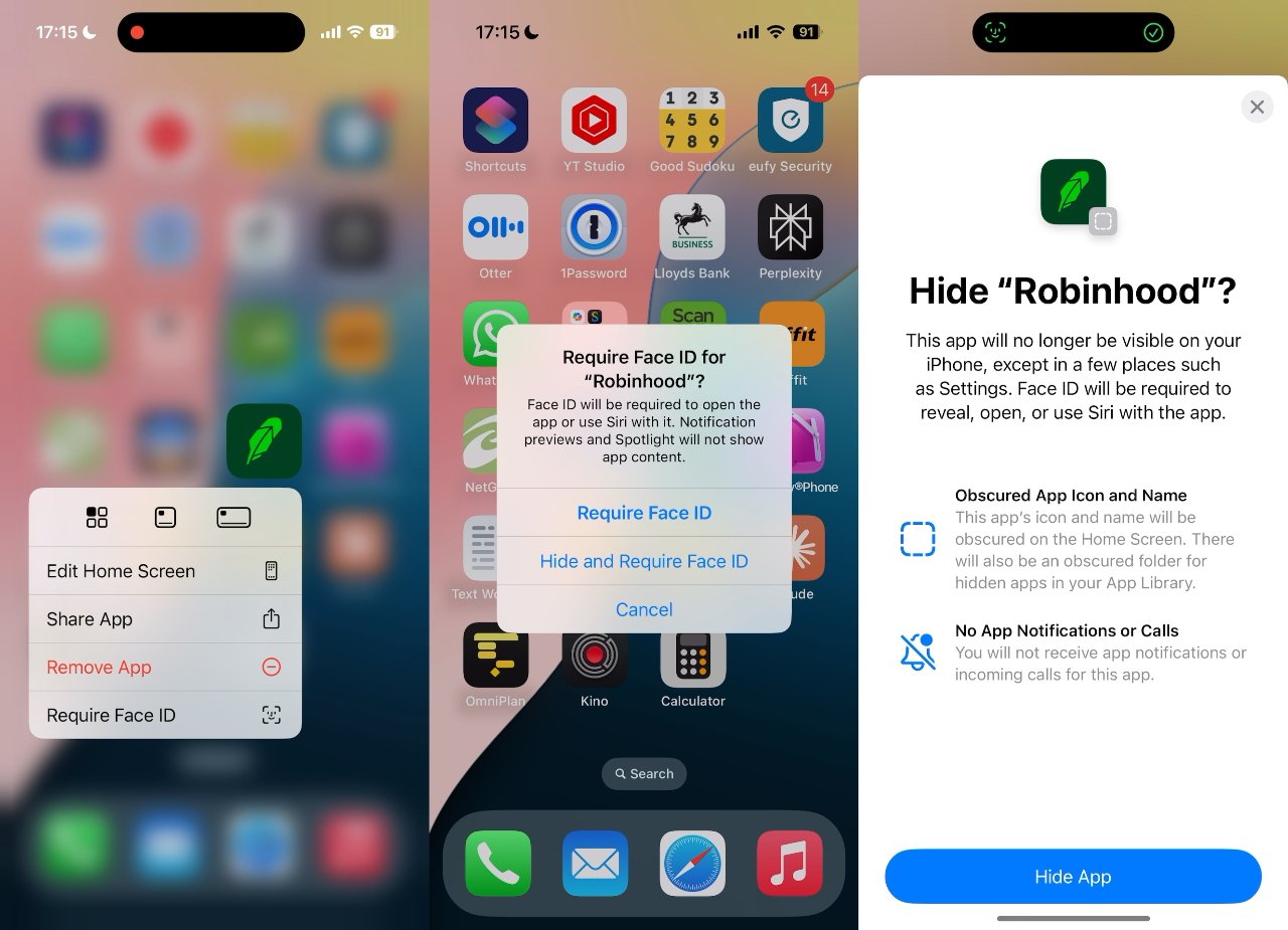 Na obrazovce se zobrazí možnosti vyžadovat Face ID pro aplikaci s názvem Robinhood na iPhonu, včetně skrytí aplikace z domovské obrazovky.