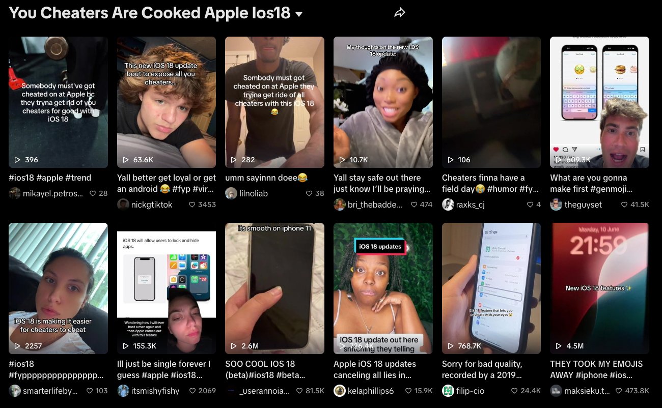 Mřížka příspěvků na sociálních sítích pojednávajících o nové aktualizaci Apple iOS 18, kde lidé sdílejí své reakce prostřednictvím krátkých videí a textových překryvů.