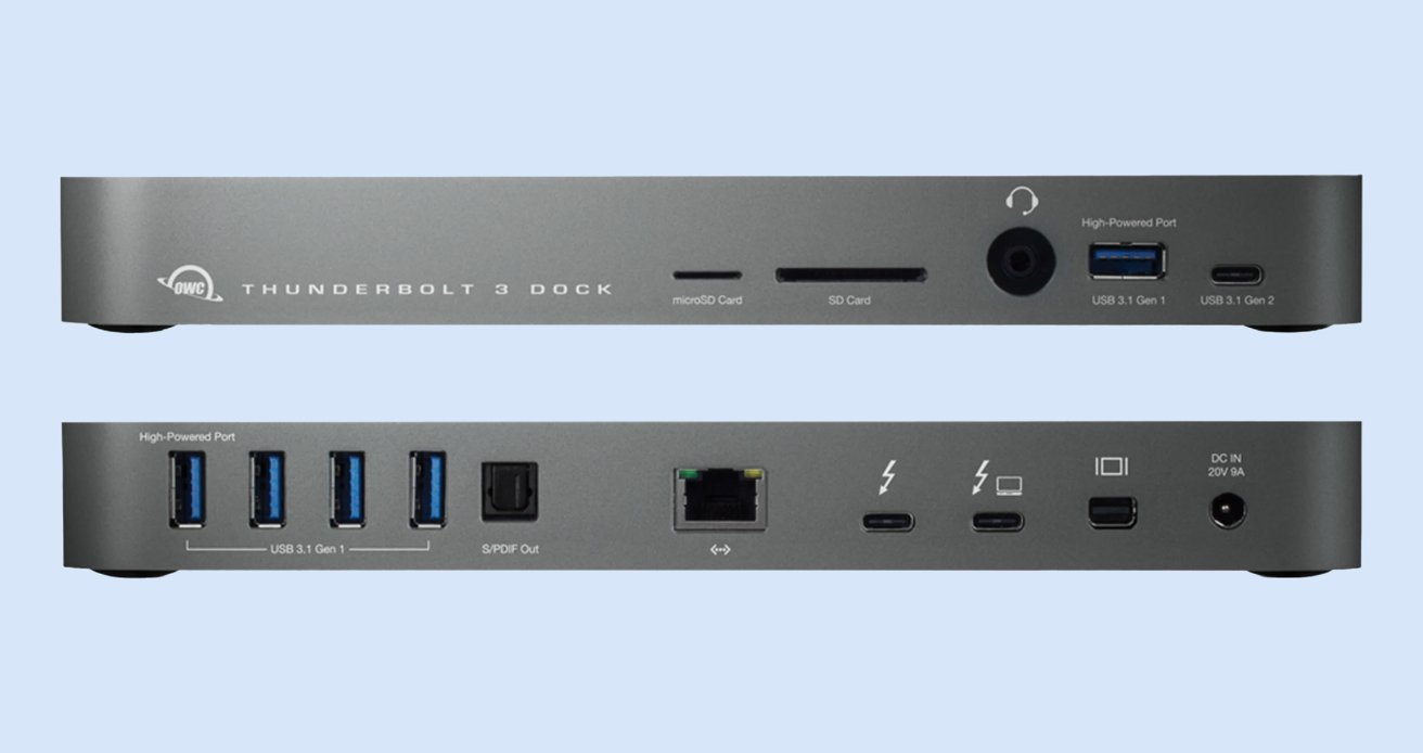 Dokovací stanice OWC Thunderbolt 3 s různými porty včetně USB, slotů pro karty SD, Ethernetu, výstupu S/PDIF, Thunderbolt, audio jacku a vstupu napájení, zobrazený pohled zepředu a zezadu.