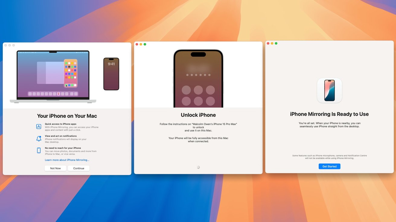 Tři obrazovky Mac zobrazující nastavení zrcadlení iPhone: první pro přístup k aplikacím pro iPhone, druhá pro odemykání iPhone, třetí potvrzuje připravenost zrcadlení pomocí tlačítka „Začít“.