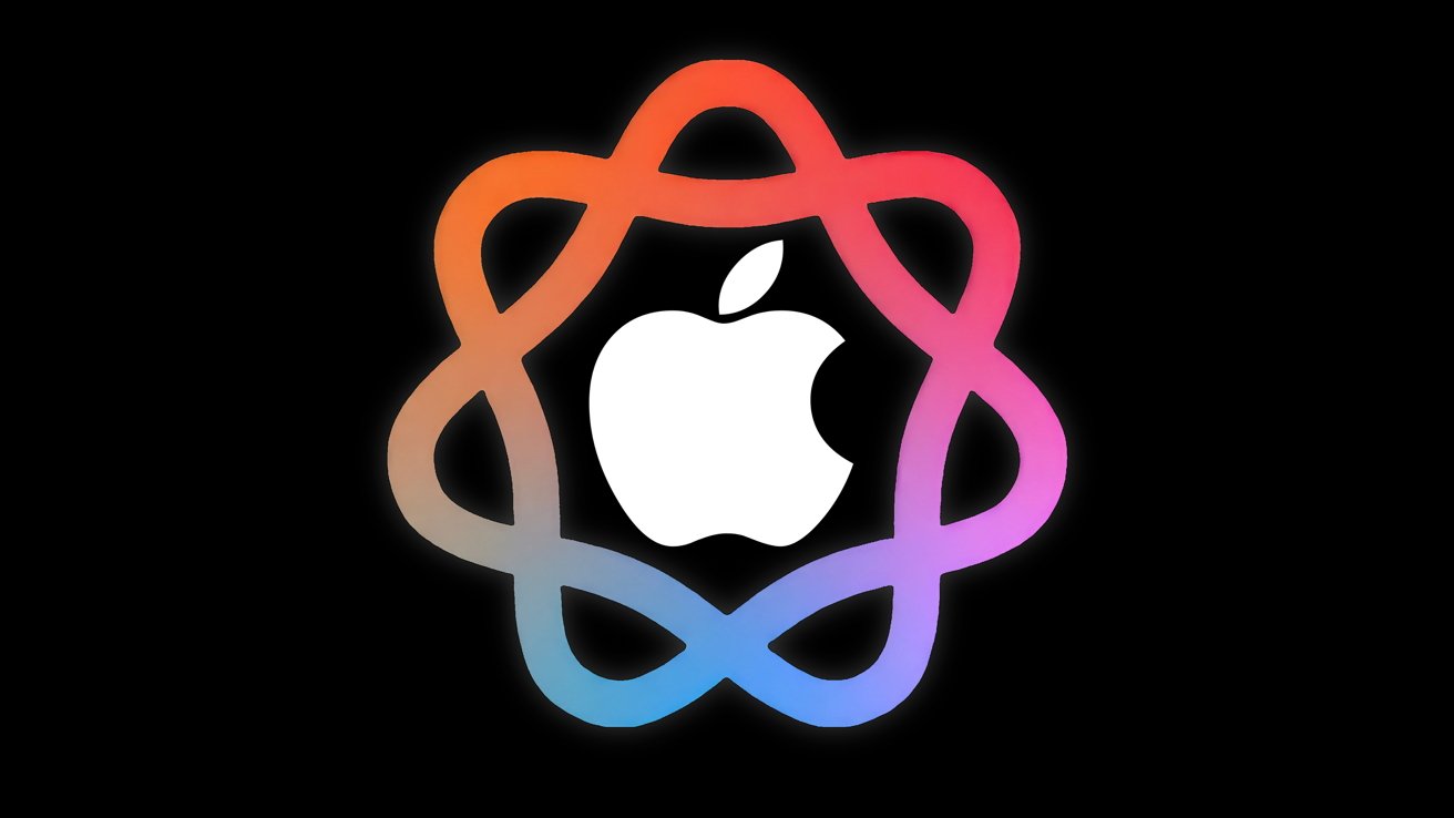 Logo Apple obklopené barevným tvarem vlny