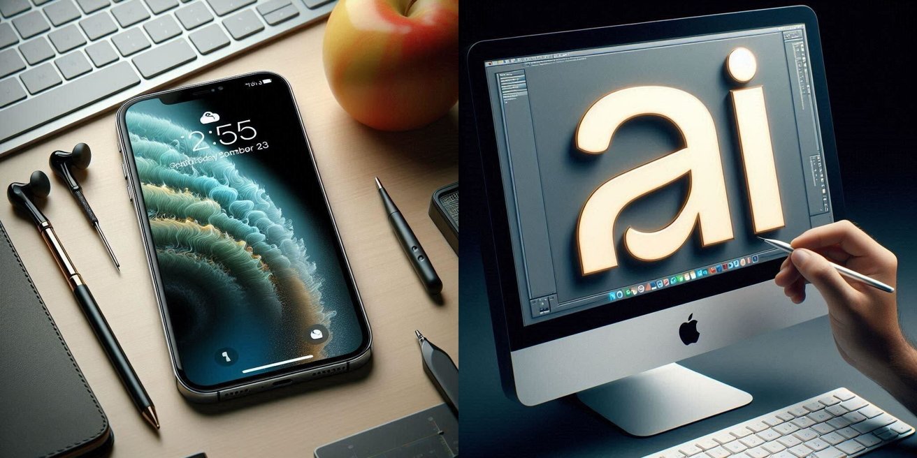 Smartphone na stole se sluchátky, pery a jablkem vlevo;  obrazovka počítače zobrazující „AI“ v softwaru pro grafický design vpravo.