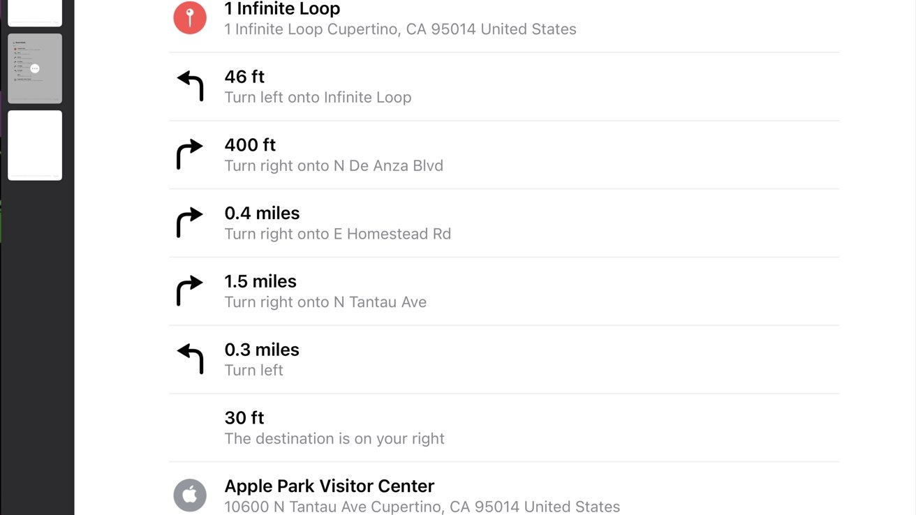 Trasy jízdy do 1 Infinite Loop, Cupertino, CA s konkrétními odbočkami a uvedenými vzdálenostmi, končící v Apple Park Visitor Center.