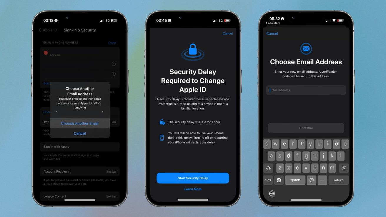 Tři iPhony zobrazující kroky ke změně e-mailu Apple ID pomocí ochrany proti krádeži zařízení.