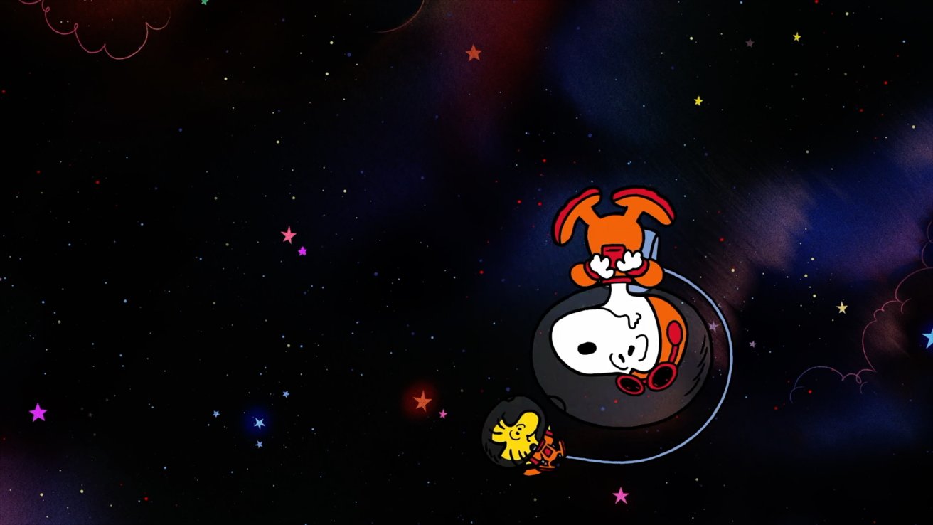 Snoopy a Woodstock plovoucí v prostoru na černém pozadí