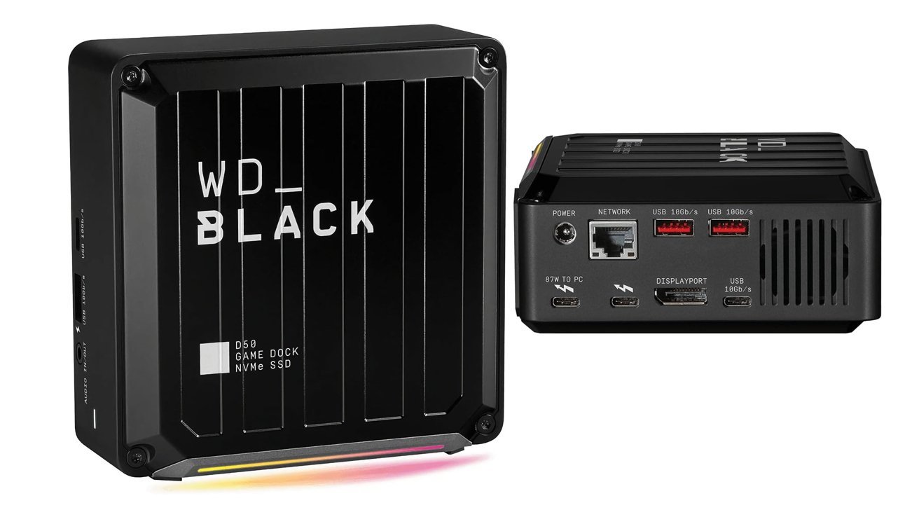 Černý externí SSD s různými porty, včetně Ethernetu, USB a DisplayPort, s označením WD_BLACK' a D50 GAME DOCK NVMe SSD'.