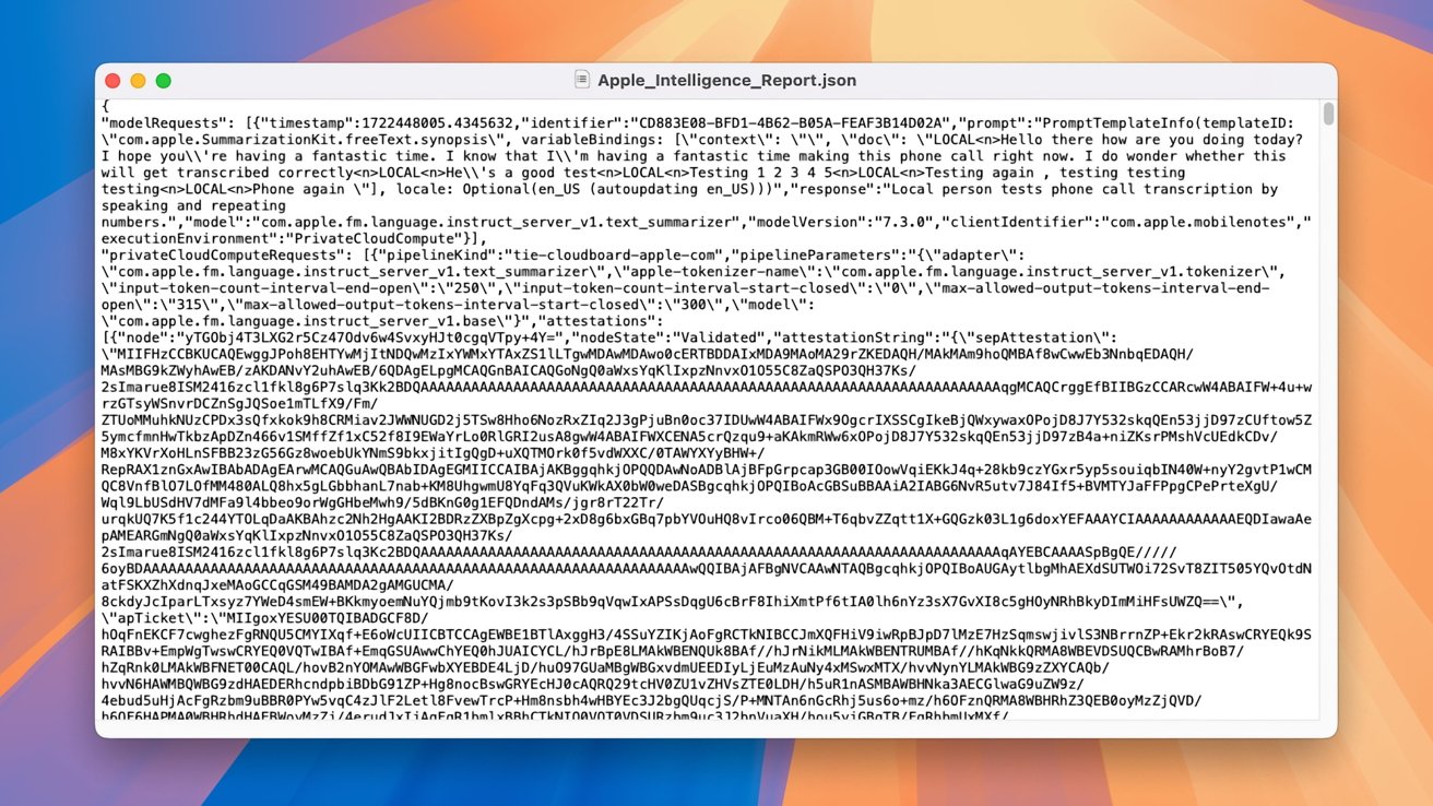 Snímek obrazovky se souborem JSON zobrazeným na obrazovce macOS, který obsahuje strukturovaná textová data a kódované řetězce.  Pozadí má barevný přechod.