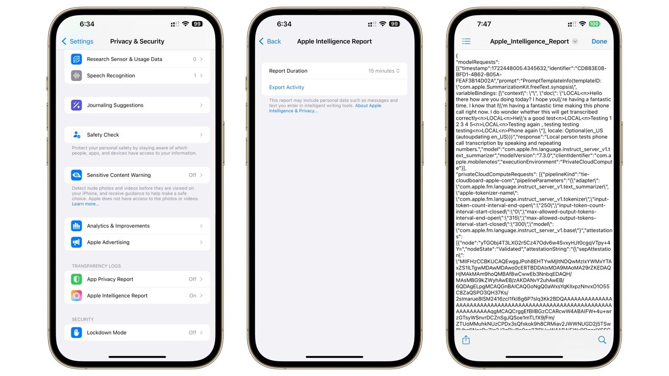 Tři obrazovky iPhonu zobrazující nastavení soukromí a zabezpečení, Apple Intelligence Report a podrobnou textovou zprávu s údaji o aktivitě zařízení.