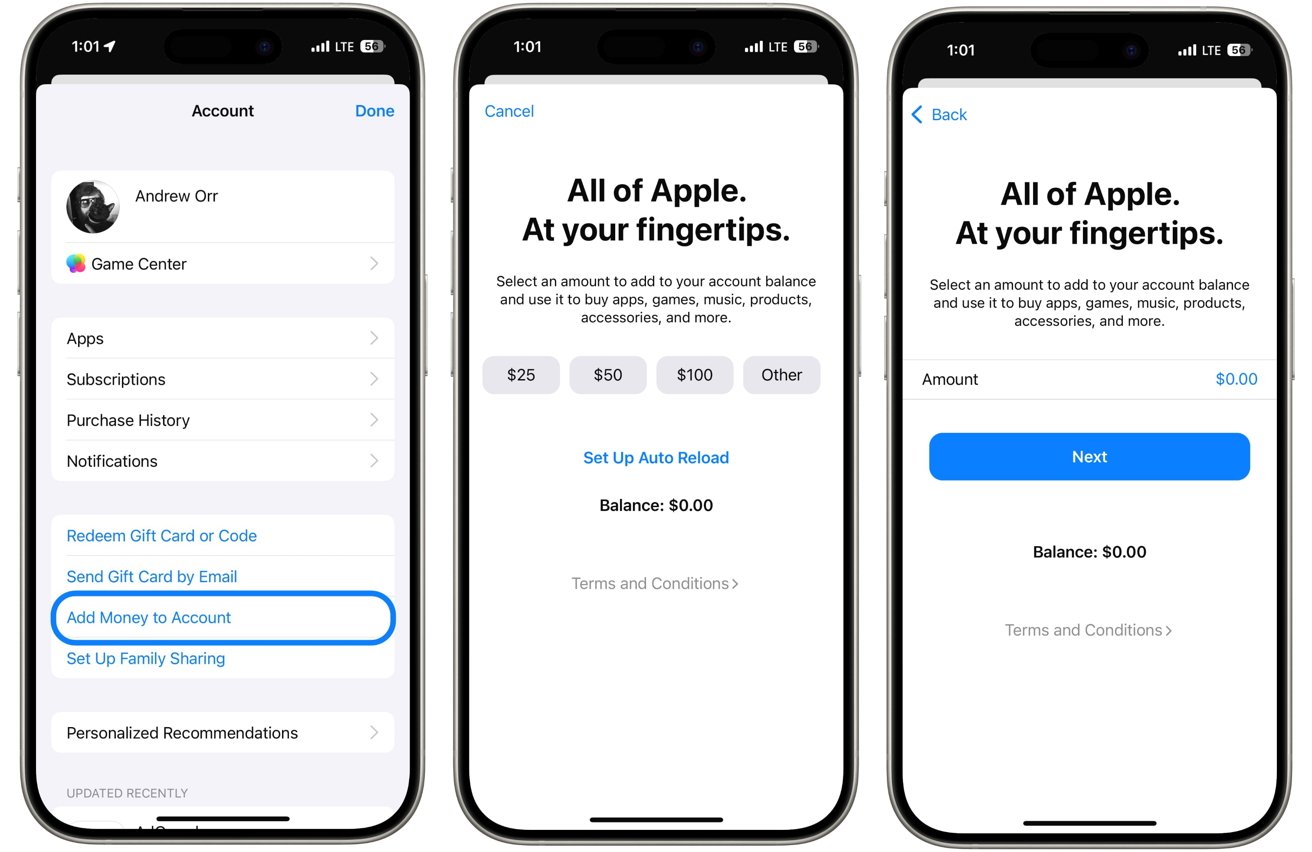 Tři obrazovky iPhonu zobrazují možnosti přidání peněz na účet Apple.  Uživatelé si mohou vybrat částky a nastavit automatické opětovné načtení s aktuálním zůstatkem 0,00 USD.