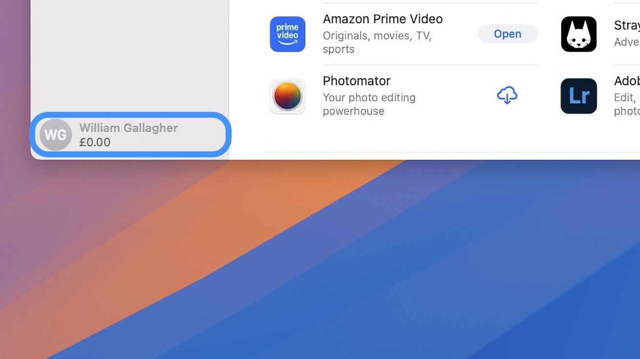 Sekce uživatelského profilu vlevo dole zobrazuje „William Gallagher“ se zůstatkem 0,00, návrhy aplikací napravo, včetně Amazon Prime Video a Photomator.  Pozadí je barevný přechod.