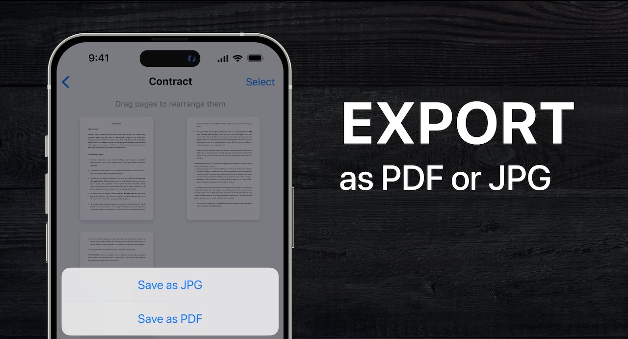 Obrazovka Apple iPhone zobrazující možnosti exportu PDF a JPG vedle textu „EXPORTOVAT jako PDF nebo JPG“ na tmavém pozadí.