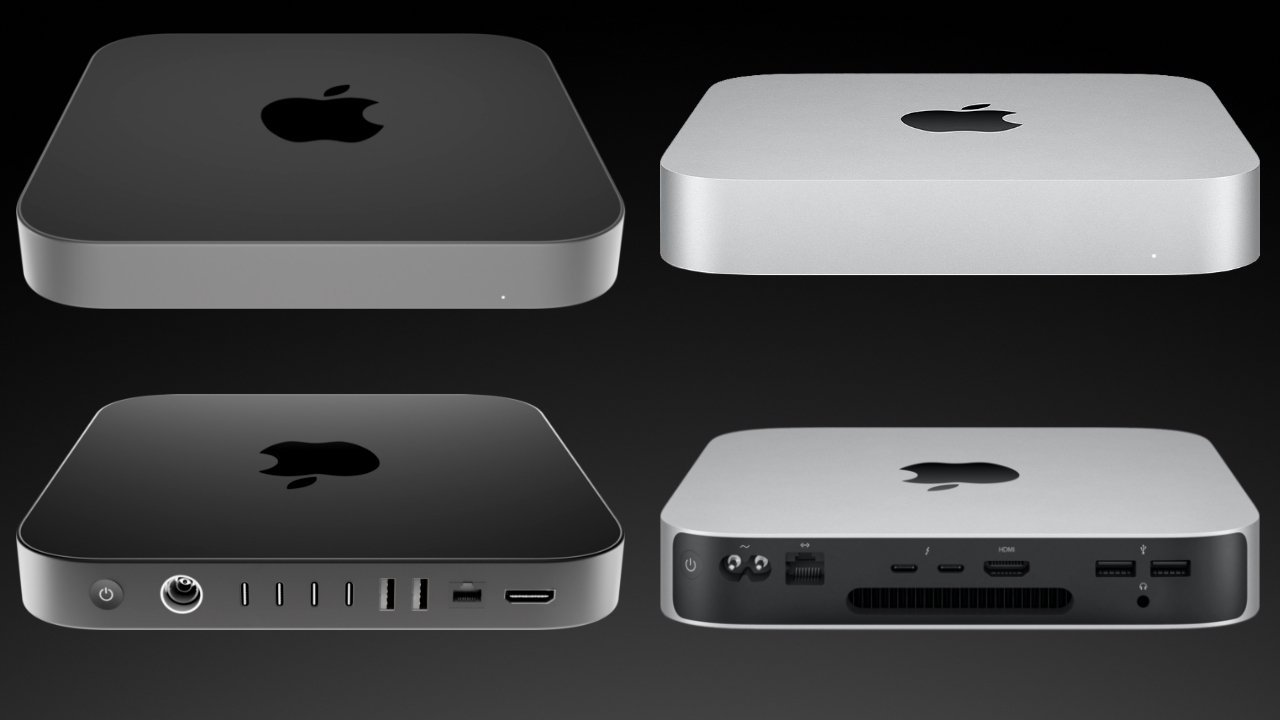 Čtyři pohledy na počítače Apple Mac Mini ve stříbrné a vesmírně šedé barvě s horní a zadní stranou, včetně různých portů a tlačítek napájení.