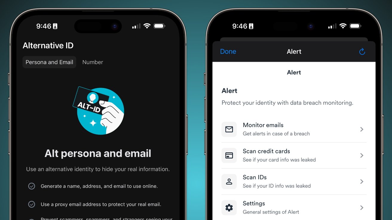 Dvě obrazovky smartphonu zobrazující aplikaci pro generování alternativních ID, sledování e-mailů, skenování kreditních karet, skenování ID a obecná nastavení ochrany proti úniku dat.