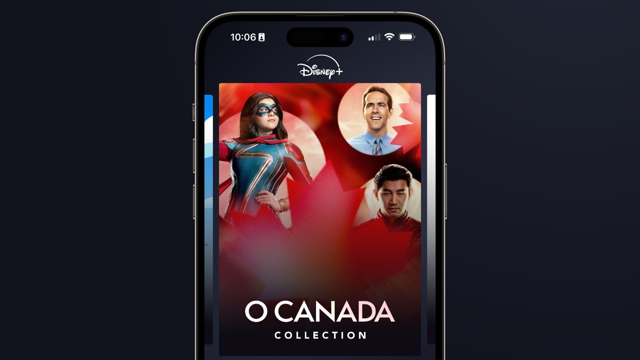 Kolekce Disney+ O Canada zobrazená na obrazovce smartphonu se třemi postavami na pozadí červeného javorového listu.