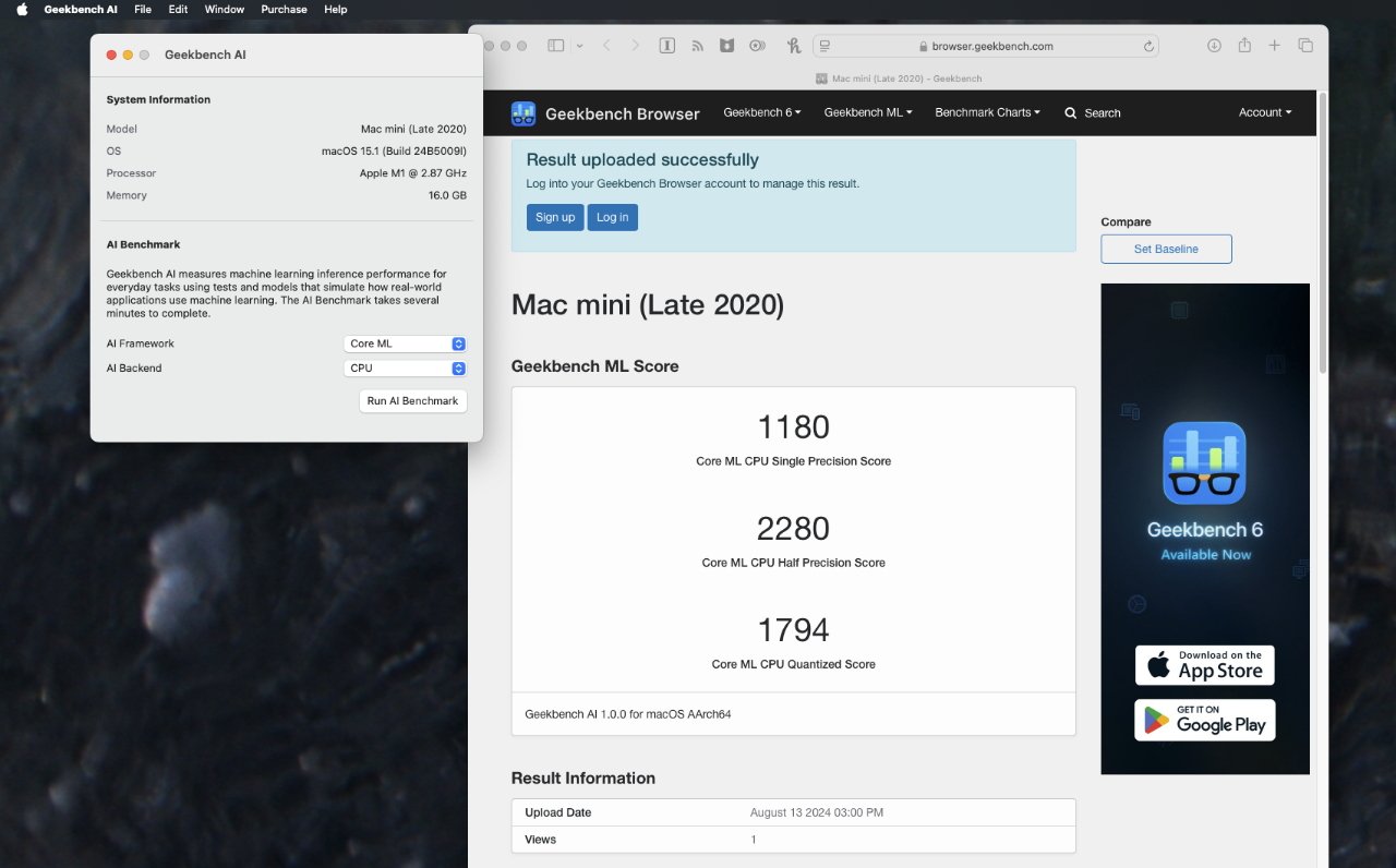 Snímek obrazovky se skóre výkonu Geekbench AI pro Mac mini (konec roku 2020), zobrazující 1180, 2280 a 1794 pro různé testy přesnosti, s detaily benchmarku vlevo.