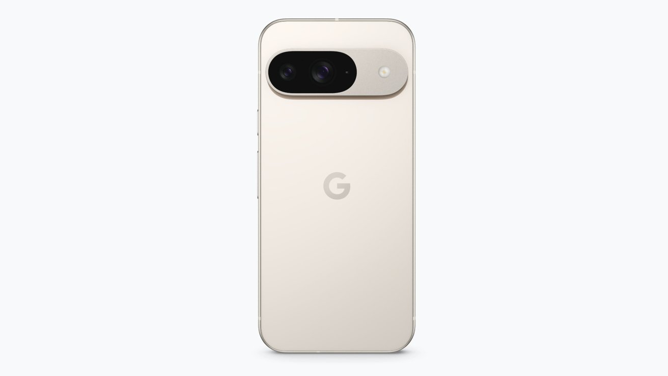 Béžový smartphone s dvěma zadními fotoaparáty a malým bleskem s logem Google uprostřed.