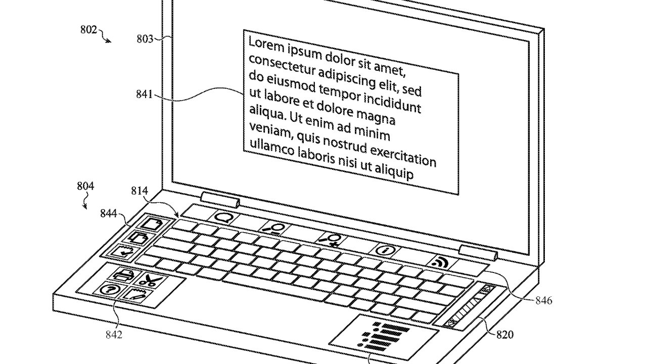 Notebook se specializovanými funkčními tlačítky poblíž klávesnice zobrazující zástupný text na obrazovce.