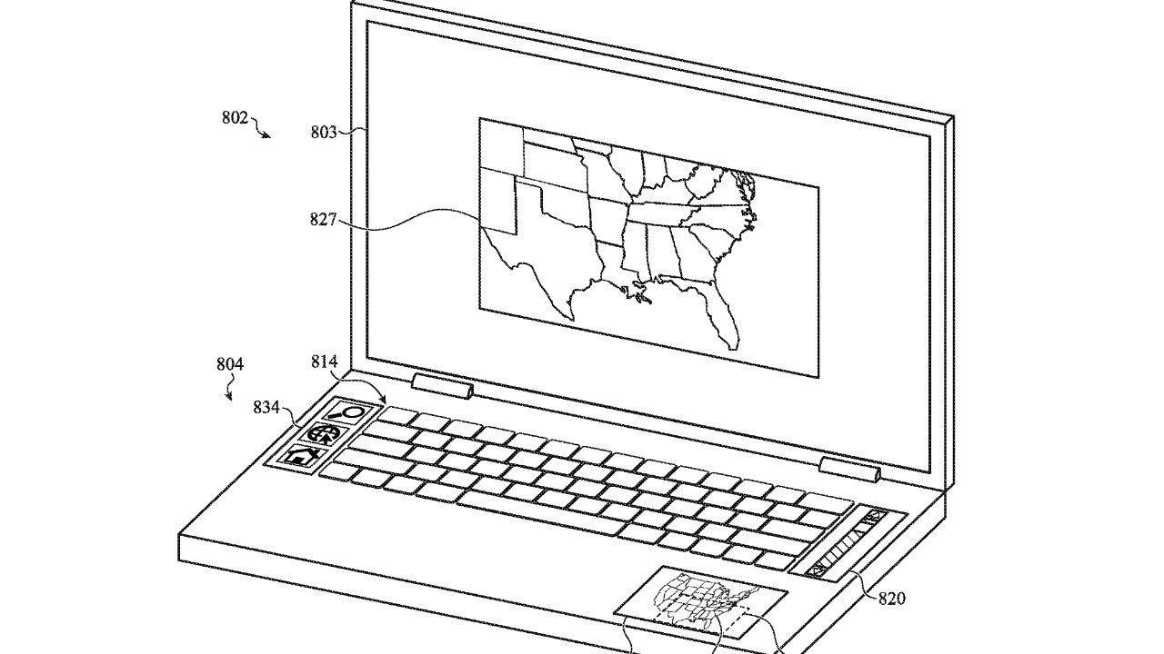 Náčrt notebooku zobrazující na obrazovce mapu USA s různými poznámkami ukazujícími na funkční součásti notebooku.