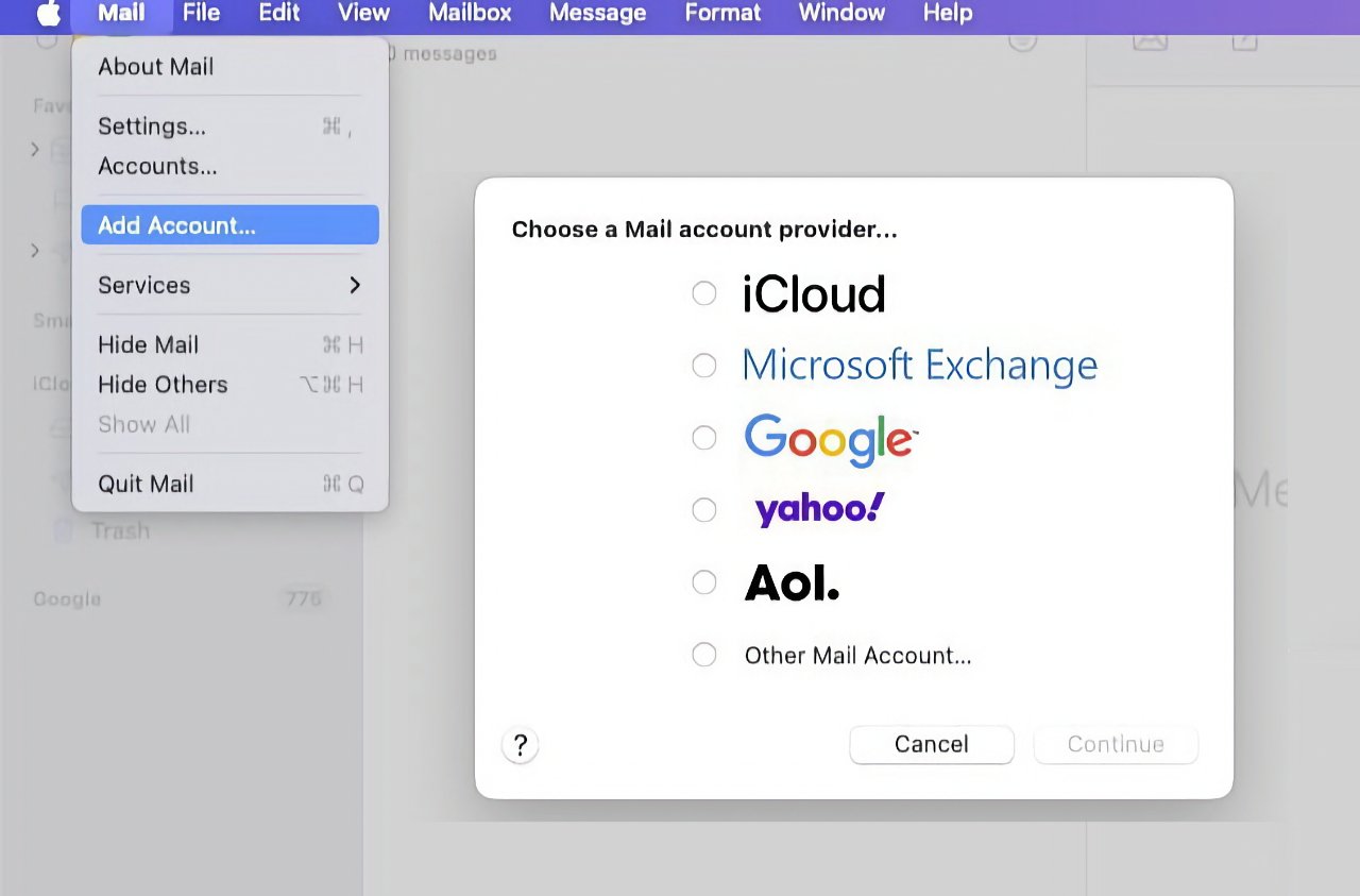 Poštovní aplikace zobrazující možnosti přidání účtů z iCloud, Microsoft Exchange, Google, Yahoo!, AOL nebo Jiný poštovní účet. Tlačítka Storno a Pokračovat jsou dole.