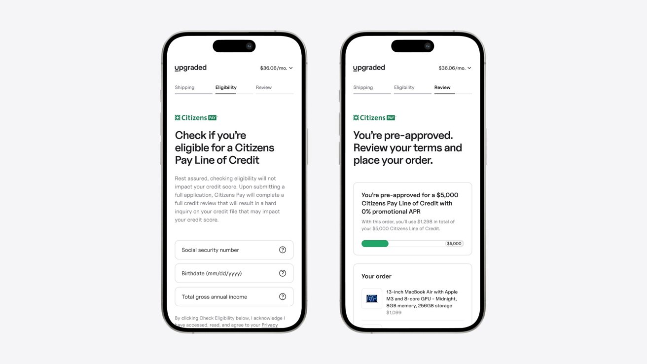 Na dvou iPhonech je zobrazena kontrola způsobilosti Citizens Pay Credit Line of Credit a žádost o předběžné schválení, včetně polí pro osobní údaje a podrobností o předem schváleném kreditu 5 000 $ na nákup MacBooku.