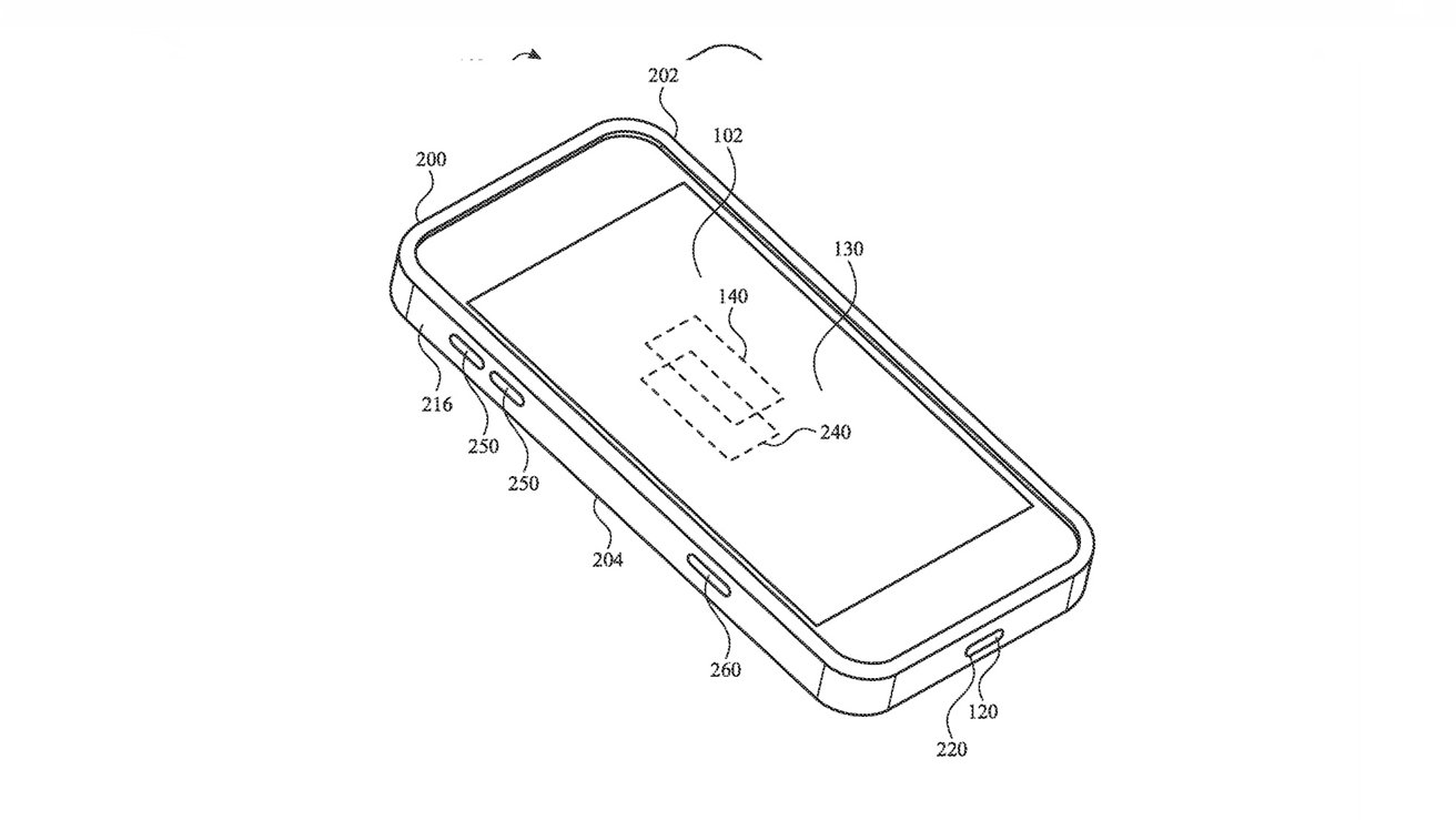 Schéma iPhone zobrazující různé označené součásti, jako jsou tlačítka, obrazovka a obrysy vnitřního modulu.