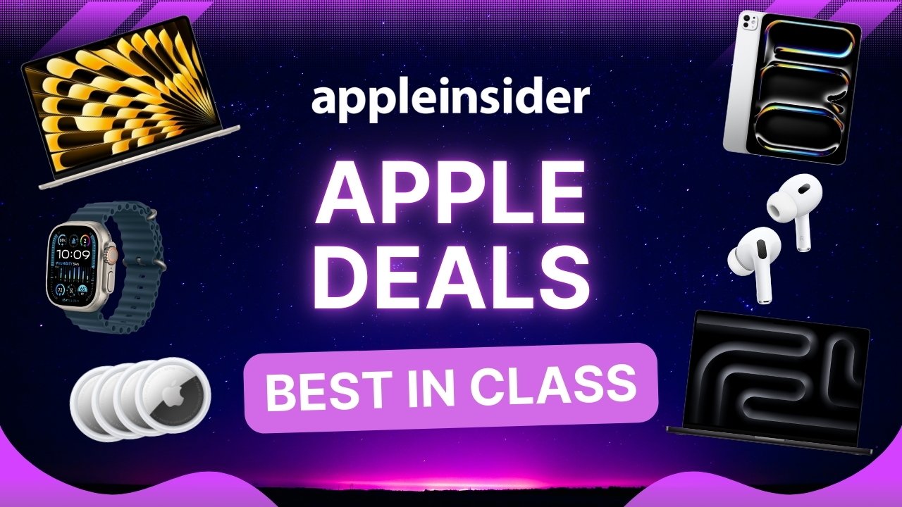 Apple Deals propagační banner s MacBookem, iPadem Pro, Apple Watch Ultra, AirPods, AirTags a textem „Best in Class“ na pozadí hvězdné fialové oblohy.