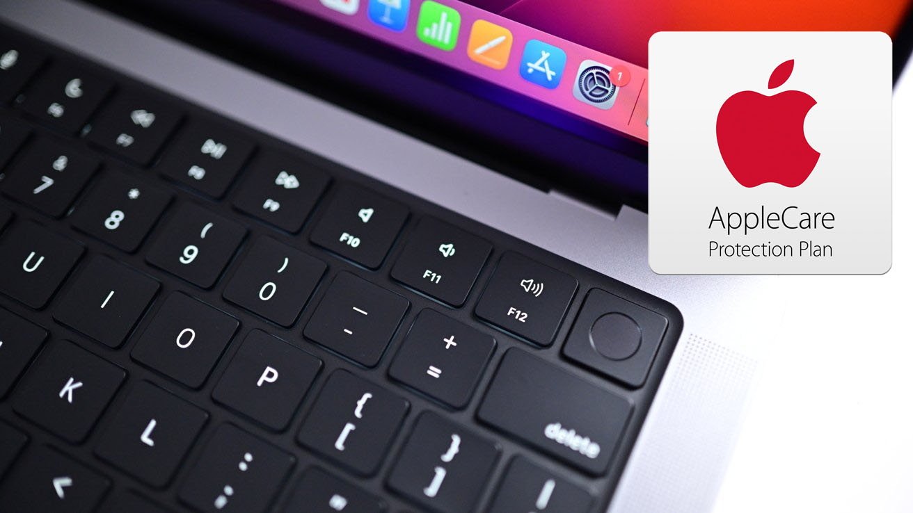 Detail klávesnice a touchpadu MacBooku Pro s logem AppleCare Protection Plan zobrazeným vpravo nahoře.