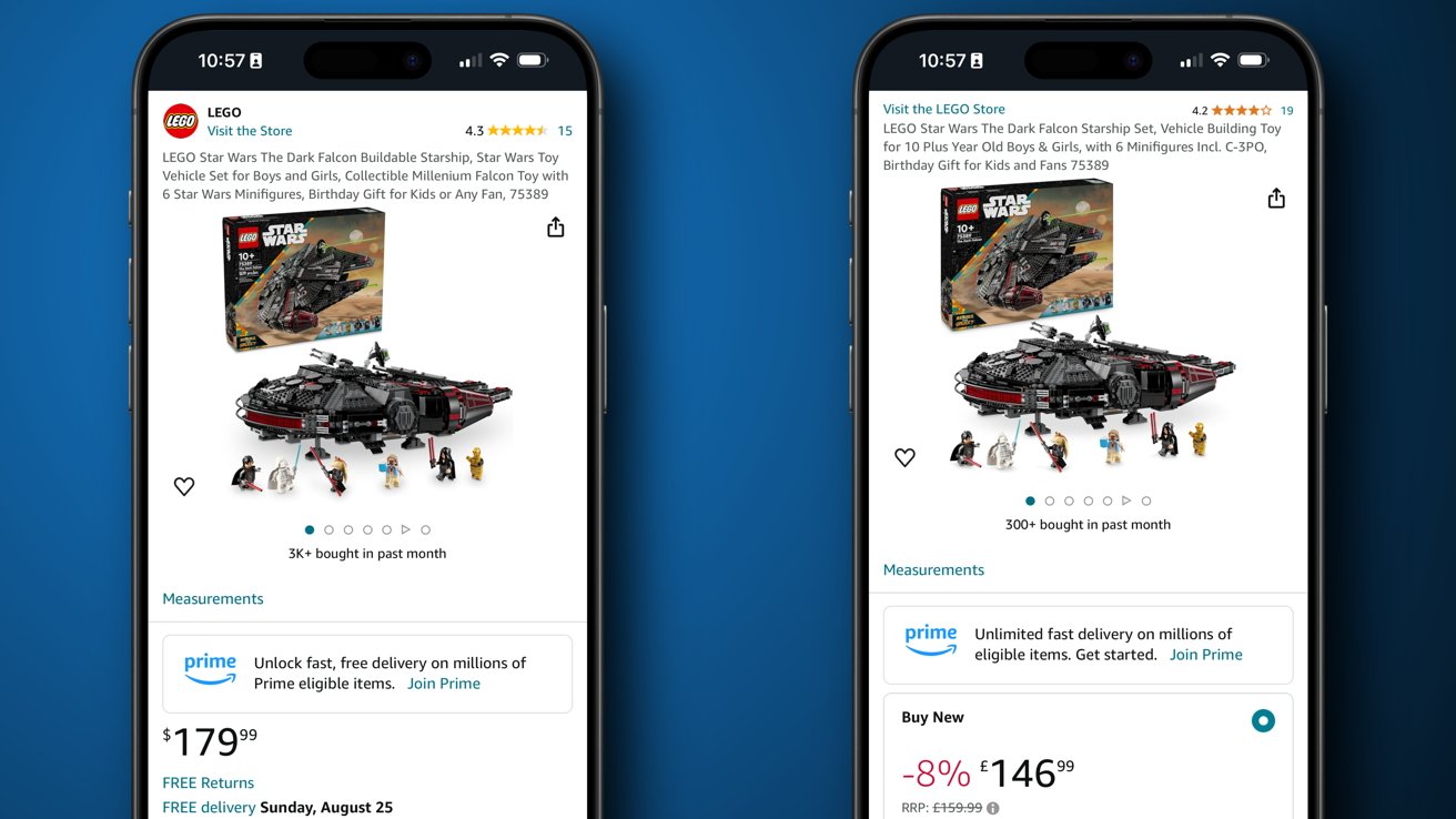 Dva smartphony zobrazují sadu LEGO Star Wars The Dark Falcon Buildable Starship na Amazonu za cenu 179,99 $ a zlevněnou na 146,99 $, s hodnocením zákazníků a možností doručení Prime.
