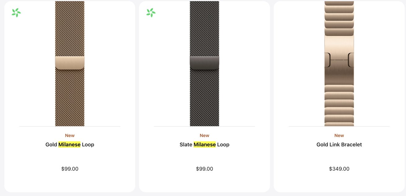 Tři náramky na chytré hodinky: Gold Milanese Loop za 99 $, Slate Milanese Loop za 99 $, Gold Link Bracelet za 349 $.