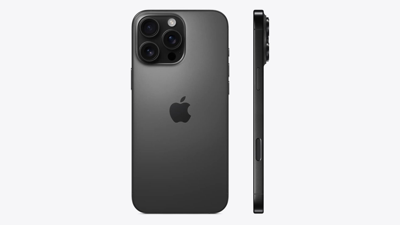 Černý smartphone se třemi zadními fotoaparáty a logem Apple na zadní straně, zobrazený jak zezadu, tak ze strany.