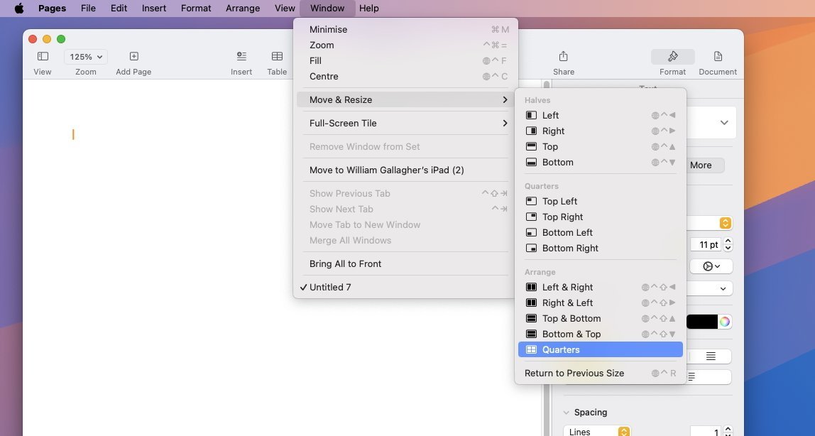 Aplikace Pages na Macu zobrazující „Přesunout & Nabídka Změnit velikost s možnostmi uspořádání pozic oken, včetně polovin, čtvrtin a možností uspořádání.