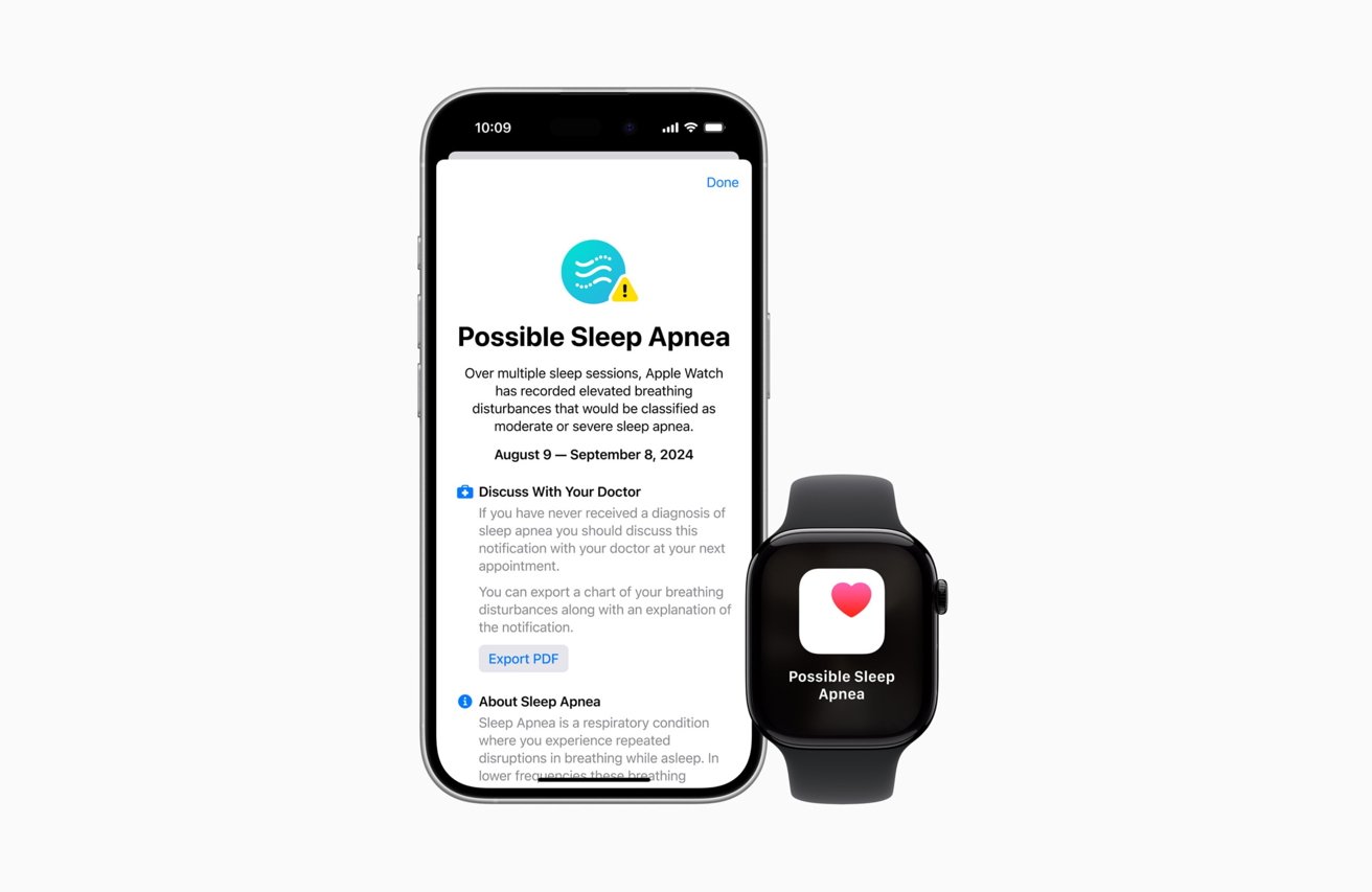 iPhone a Apple Watch zobrazují upozornění s upozorněním na možnou detekci spánkové apnoe a s návrhem na konzultaci s lékařem, včetně možností exportu zprávy.