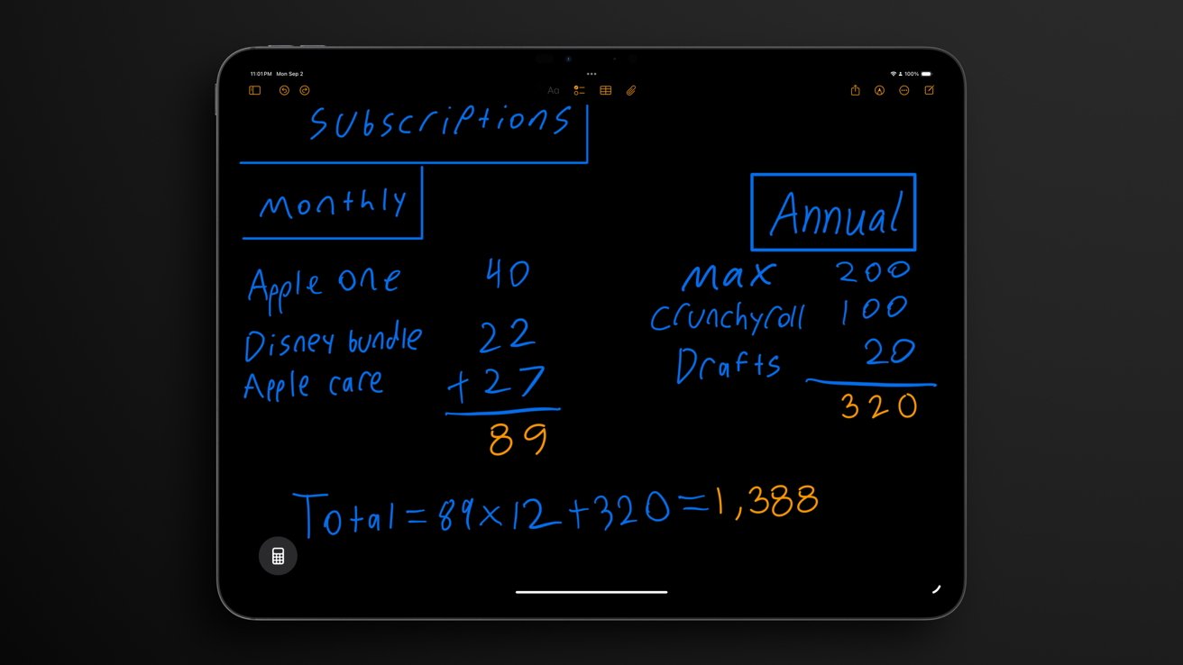 Na obrazovce tabletu se zobrazují ručně psané poznámky o nákladech na předplatné, rozdělené do měsíčních a ročních částí, v celkové výši 1 388 USD za rok.
