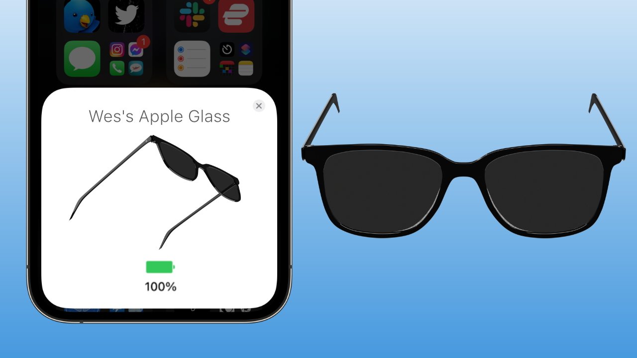 Chytré brýle připojené k telefonu se 100% baterií, zobrazující rozhraní s nápisem „Wes's Apple Glass“ na modrém pozadí s přechodem.